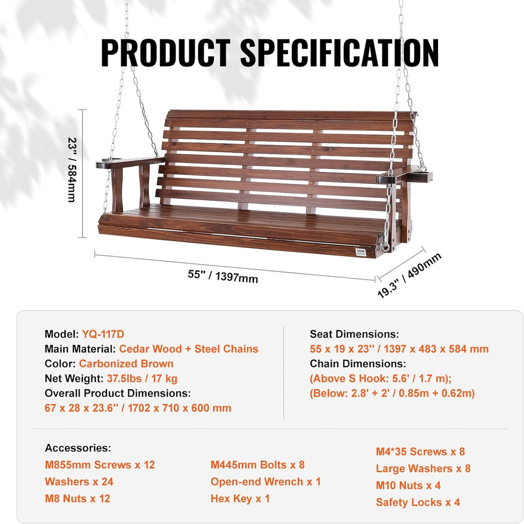 Wood Porch Swing 5.5FT, Patio Bench Swing for Courtyard & Garden, Upgraded 880 lbs Strong Load Capacity, Heavy Duty