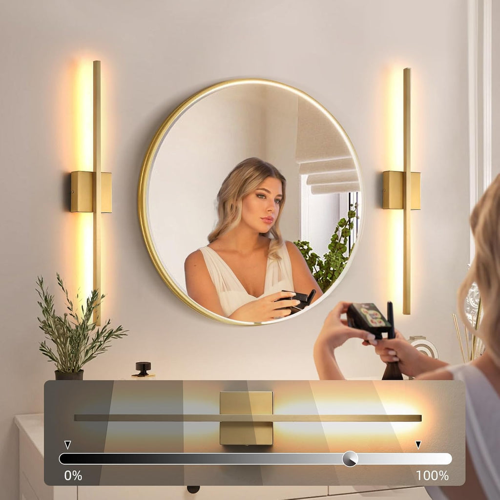 Wall Sconces Set of Two, LED Dimmable Sconces Wall Lighting, Brushed Gold Modern Wall Sconce Light for Bathroom