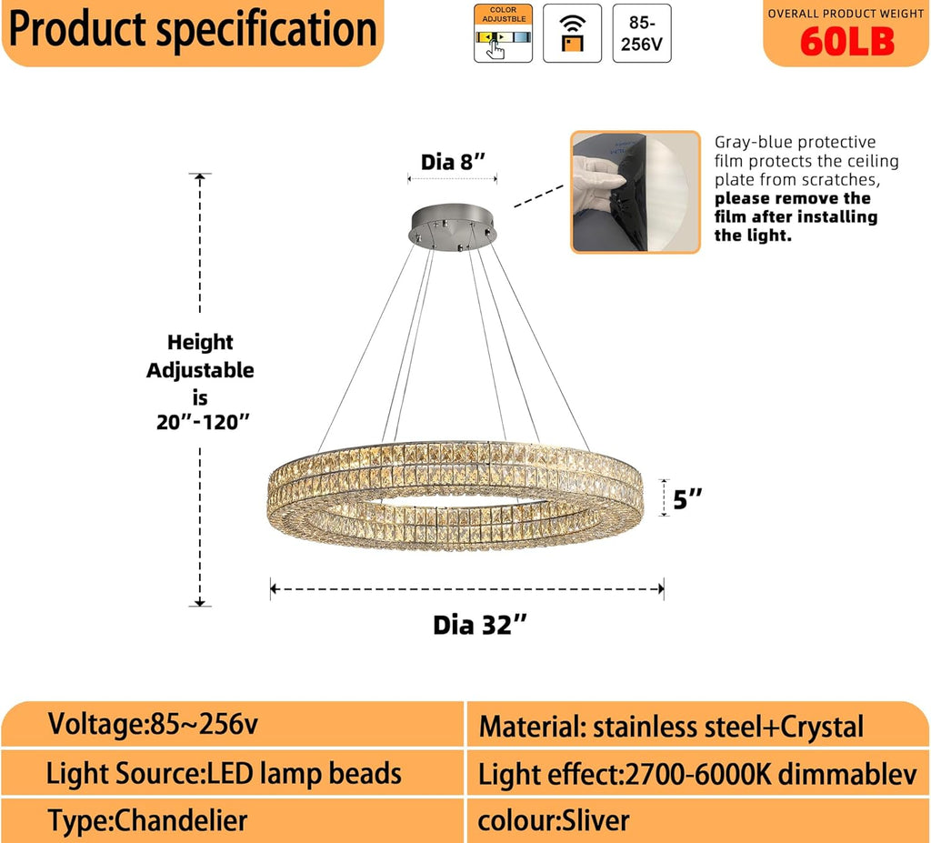 47.5 inch Large Ring Chandelier Round Crystal Chandelier Light Fixtures for Dining & Living Room Ring Pendant Hanging Ceiling Light Led Dimmable 2700k-6000k