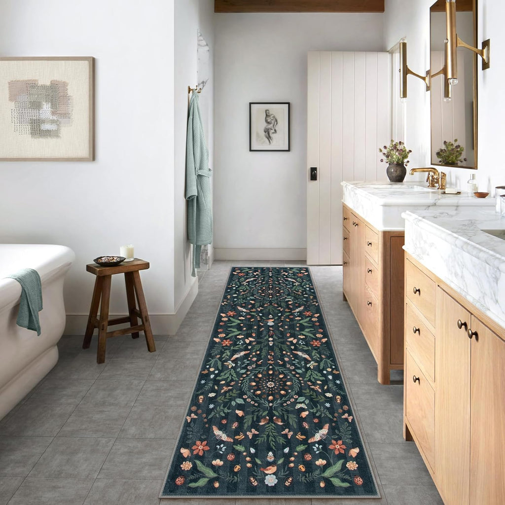 Insect Botanical 2'6"x10' Black Runners for Hallways, Non Slip Washable Kitchen Bathroom Carpet Runn