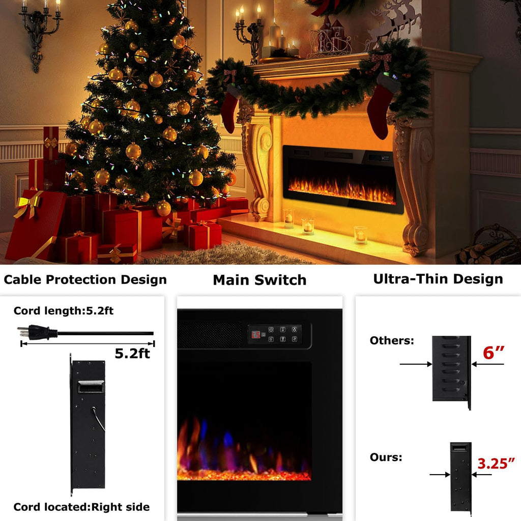 72 Inch Ultra Thin Electric Fireplace-Narrow Bezel Linear Fireplace Heater Recessed Wall Mounted