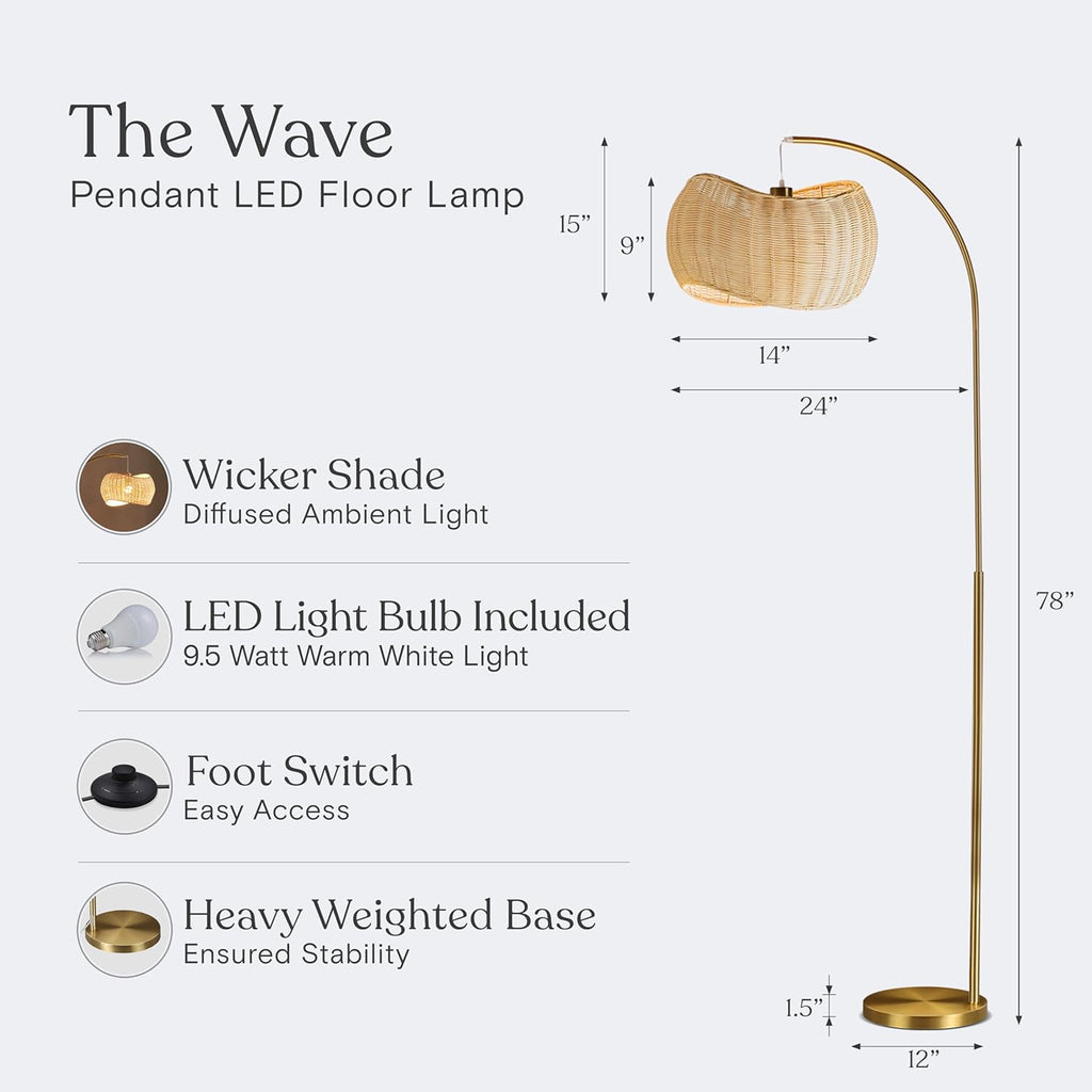 Wave Arc Floor Lamp - Chic Standing Lamp with Unique Hanging Wicker Pendant Shade, Boho Rattan Natural Decor Lamp