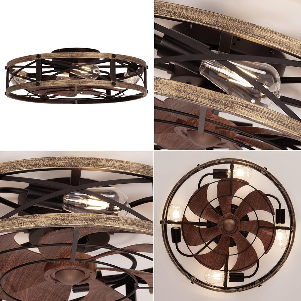22" Farmhouse Ceiling Fan with Light, Rustic Caged Bladeless Low Profile Ceiling Fans with Lights and Remote