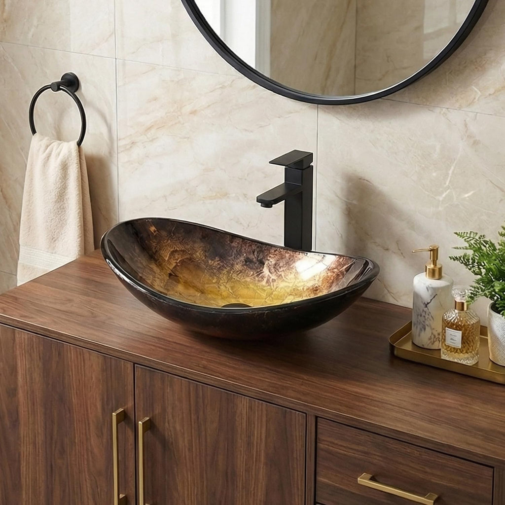 Bathroom Boat Shape Artistic Glass Vessel Sink Free Black Faucet and Pop-up Drain Set, Gold