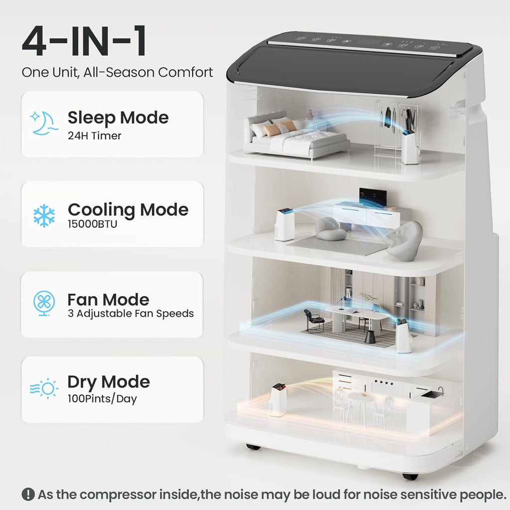 15000 BTU Portable Air Conditioners Cools Up to 800 Sq.Ft., 4-in-1 Smart Portable AC Unit with Cooling, Dehumidifier