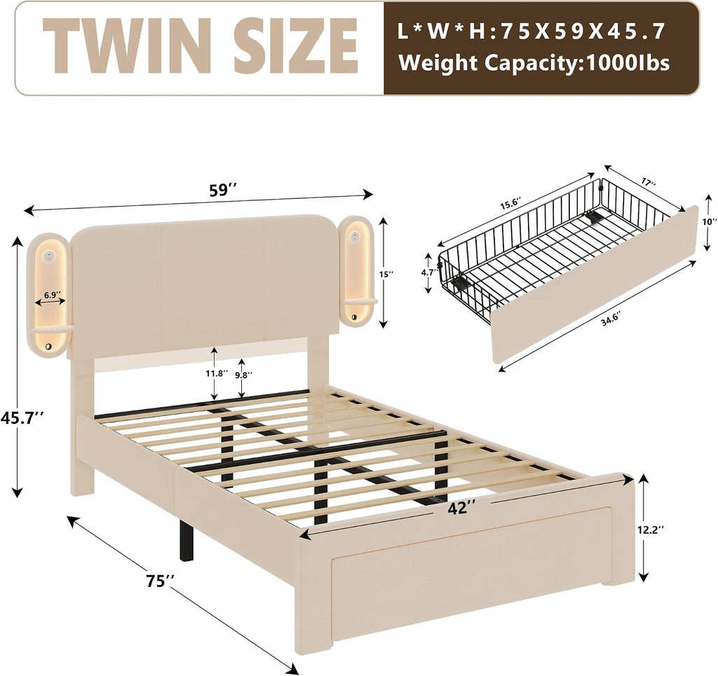 Twin Bed Frame with Storage Drawers and Side-Shelf Upholstered Headboard, Velvet Bed Frame with LED Lights, USB Port