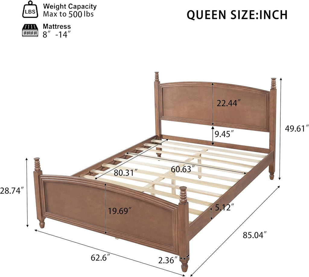 Queen Bed Frame, Solid Wood Platform Bed Frame Queen with Curved Headboard & Footboard, Mid Century Modern Wood