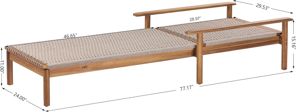 Acacia Wood Chaise Lounge Chair Outdoor, Poolside Sun Lounger Recliner with Woven Rope Seat, Patio Outdoor