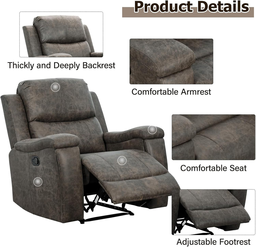 Leather Recliner Chair, Classic and Traditional Manual Recliner Chair with Overstuffed Arms and Back, Manual Single