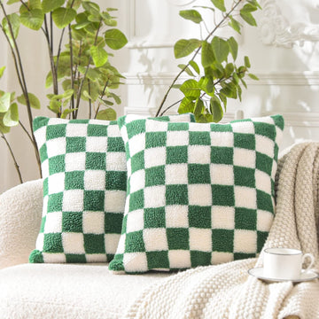 Decorative Throw Pillow Covers - Soft Sherpa Checkerboard Cushion Covers Faux Fur Pillow Cases for Sofa Bedroom