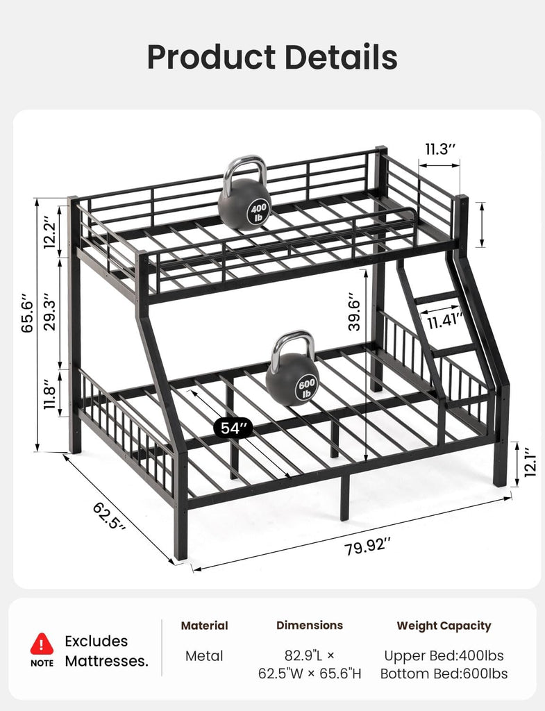 Twin XL Over Queen Bunk Bed, Heavy Duty Queen Bunk Bed for Adults