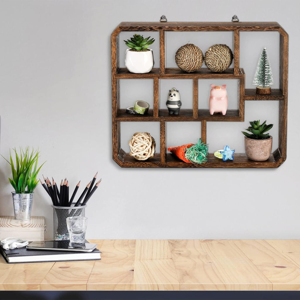 Rustic Shadow Box Display Shelf, 9 Compartments Wood Hanging Display Floating Shelves, Multi-Slot Wall Mounted or