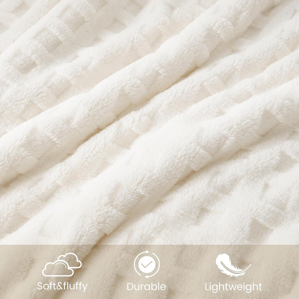 Ultrasoft Waffle Throw Blanket, Fluffy Cute Plush Blanket, Modern Home Accent, Portable for Picnic or Outdoor, Ivory