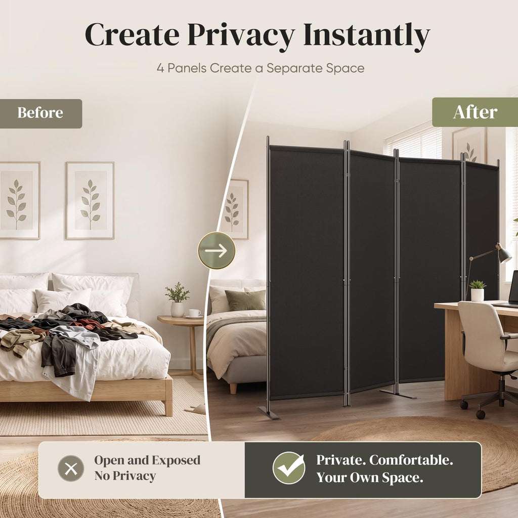 4 Panel Room Divider 6FT Tall Folding Privacy Screen, Black