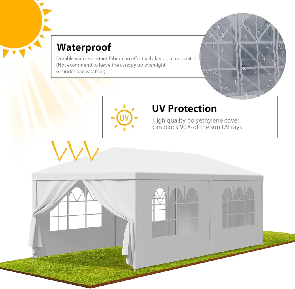 10' x 20' Outdoor White Waterproof Gazebo Canopy Tent with Removable Sidewalls Windows Heavy Duty Tent for Party