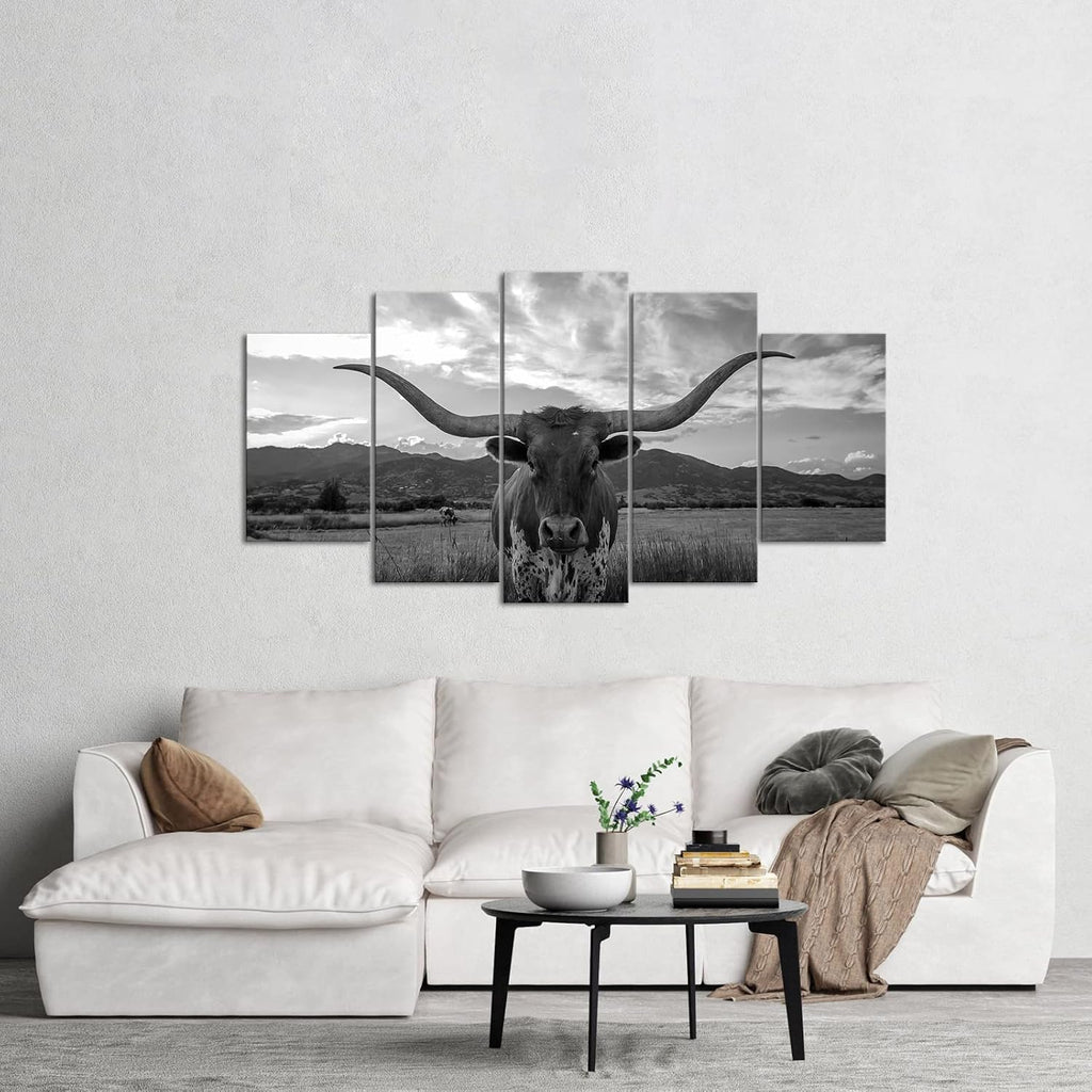 5 Piece Texas Animal Canvas Wall Art Longhorn Black & White Canvas Print Modern Canvas Paintings Living Room Wall