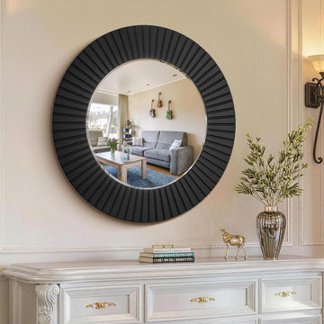 36'' Black Circle Mirror, Large Round Mirror with Wood Frame, Elegant Accent Rustic Black Mirrors