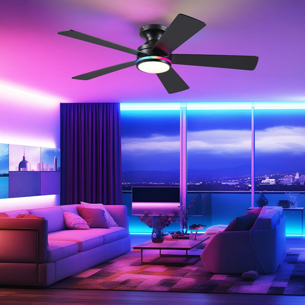 46In RGB Ceiling Fans with Lights - Black Flush Mount Ceiling Fan Light with Remote/APP, RGB+3CCT 6 Wind Speeds, Modern Low Profile Fan Light Fixture for Party, Kid's Room
