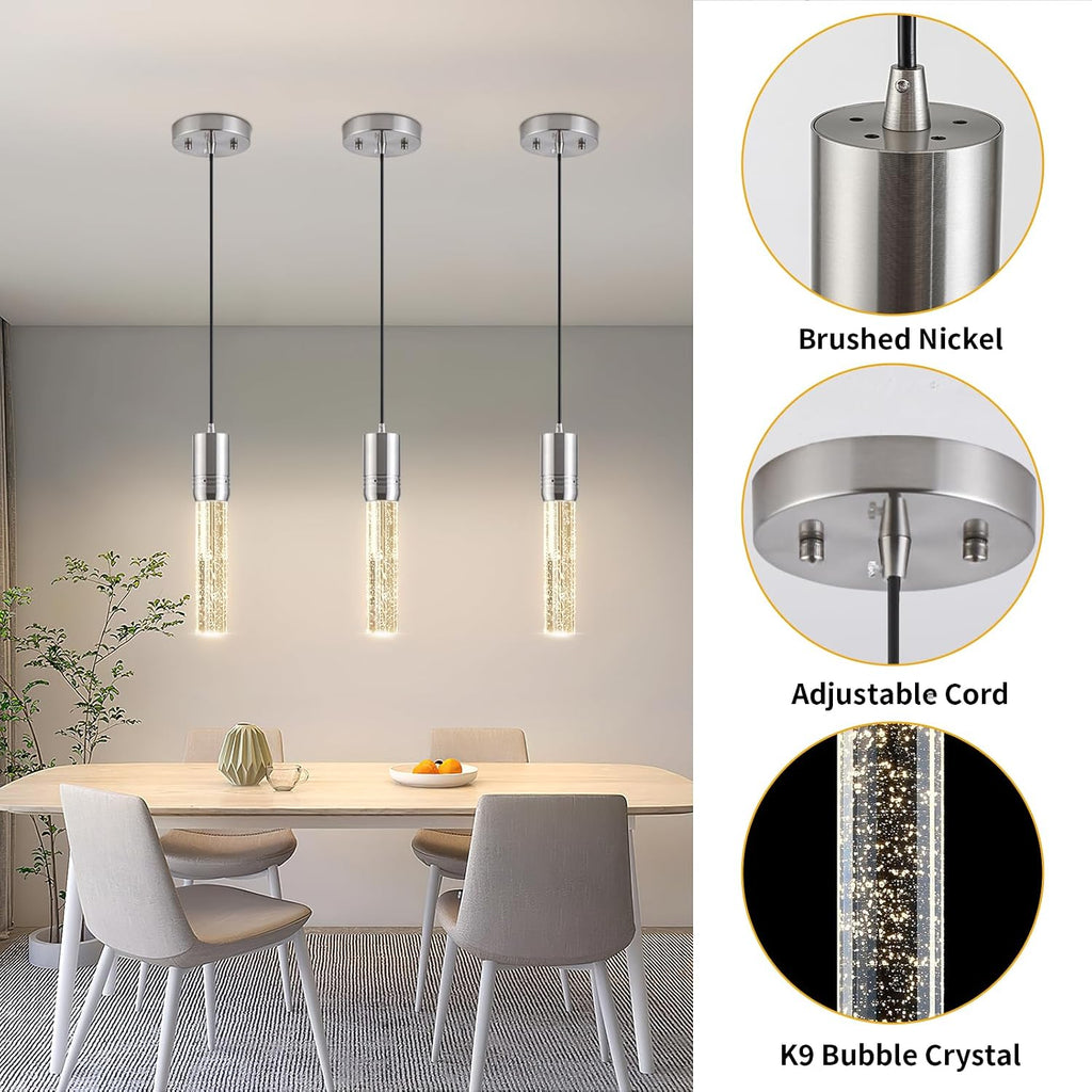 Brushed Nickel Pendant Lights Kitchen Island, Crystal Bubble Pendant Lights, Adjustable Modern Pendant Light Fixtures