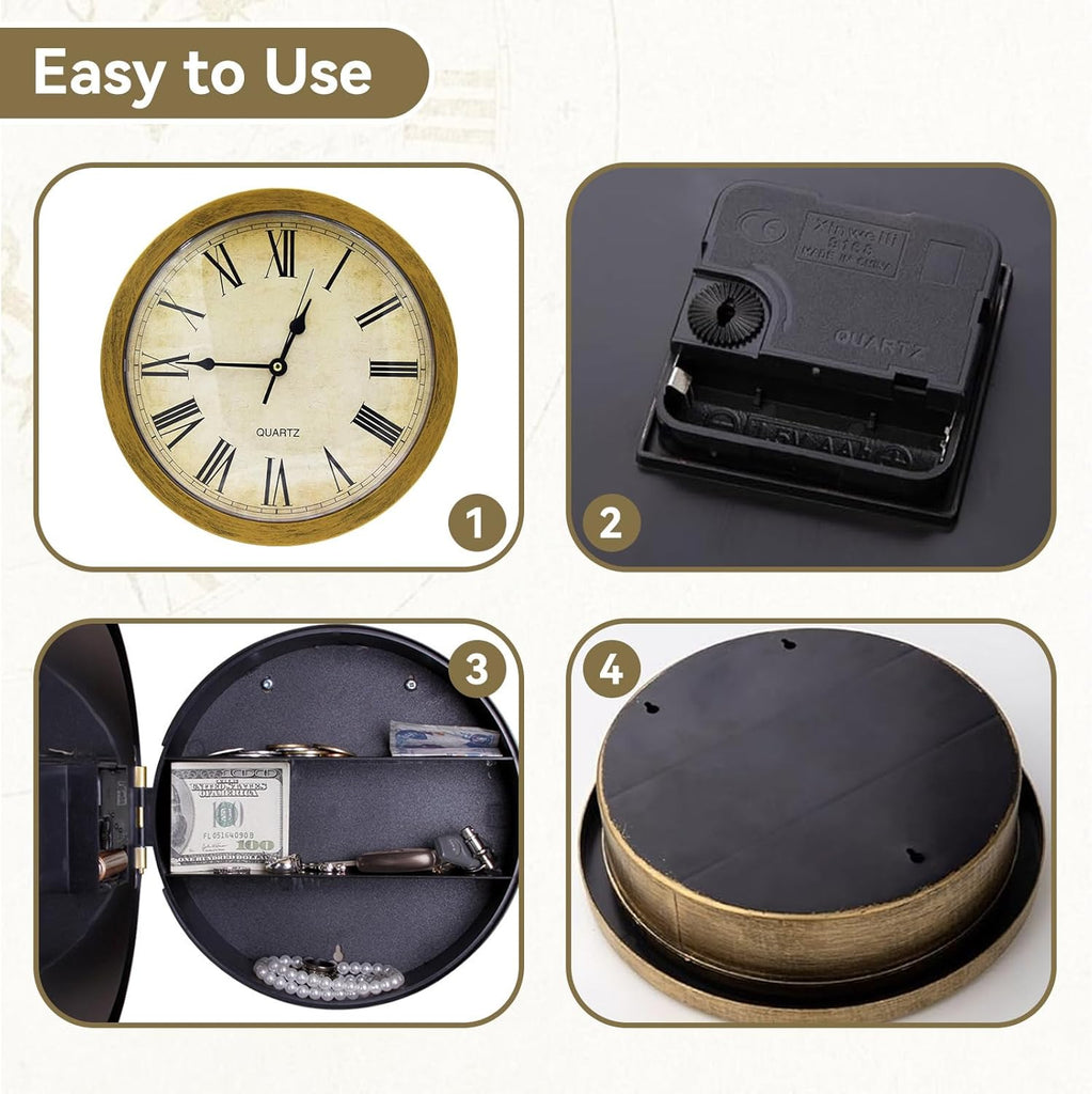 Wall Clock with Hidden Safe, Vintage Wall Clock Diversion Safe Simple Style Plastic Wallclock Valuables Diversion Safe for Money Cash...