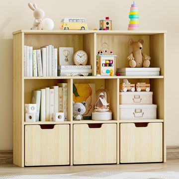 Solid Pine Wood Toy Storage Organizer, Kids Bookshelf and Toy Organizer with 3 Rolling Drawers, 5 Storage Cubes