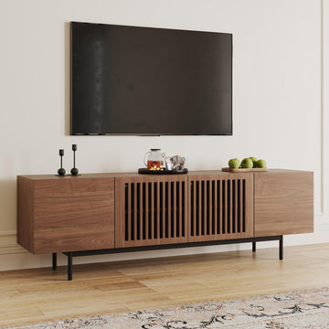 Full Assembled Mid-Century Modern TV Stand with Slatted Doors, Wood Media Console for 65-75 Inch TV, TV Console with