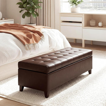 51 Inch Storage Bench,Leather Tufted Storage Ottoman with Legs | Safety Hinges,Wooden Legs,Upholstered,End of