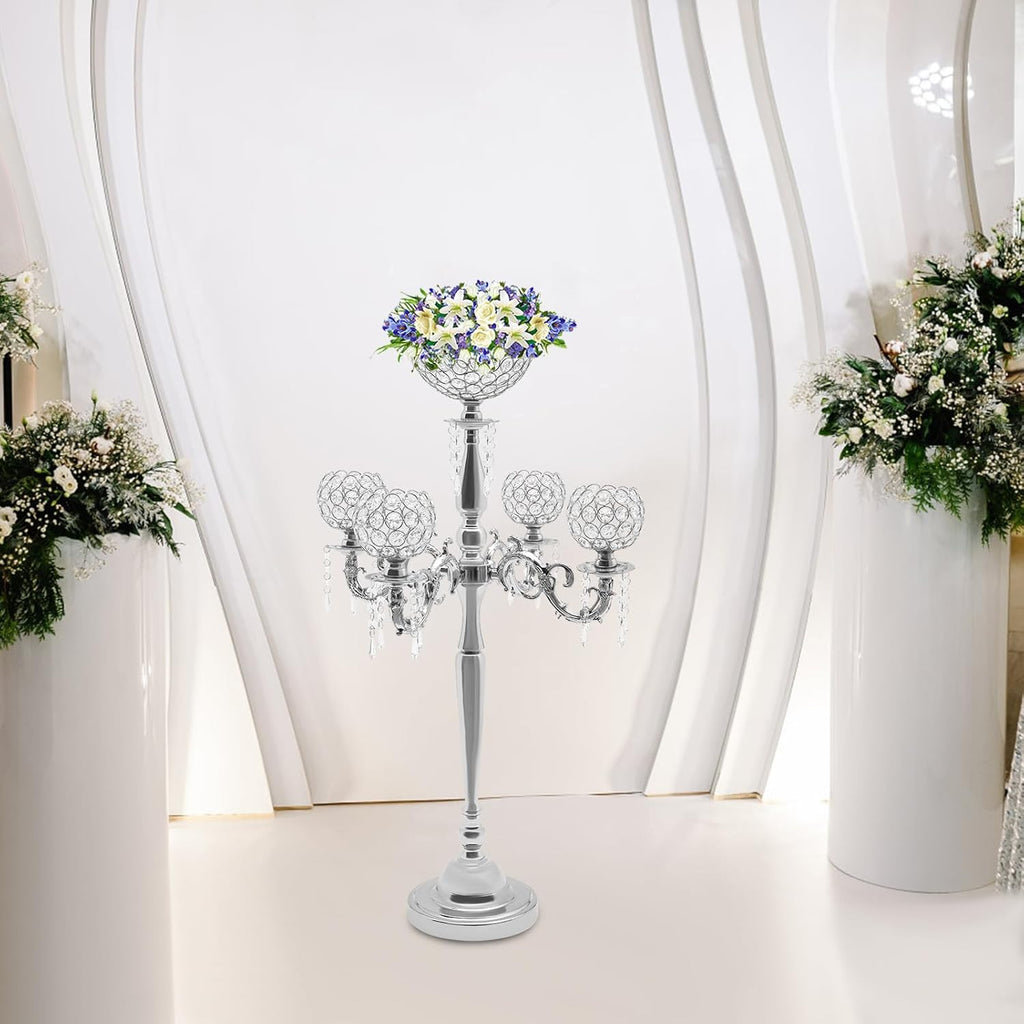 Elegant 35inch 5-Arm Crystal Candelabra with Flower Vase and Hanging Crystal Drops, Iron Taper Candle Holder Stand