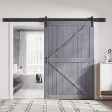 54in x 84in Gray Wood Barn Door Slab with 9ft (108inch) Barn Door Hardware Track Kit Included, Doubl