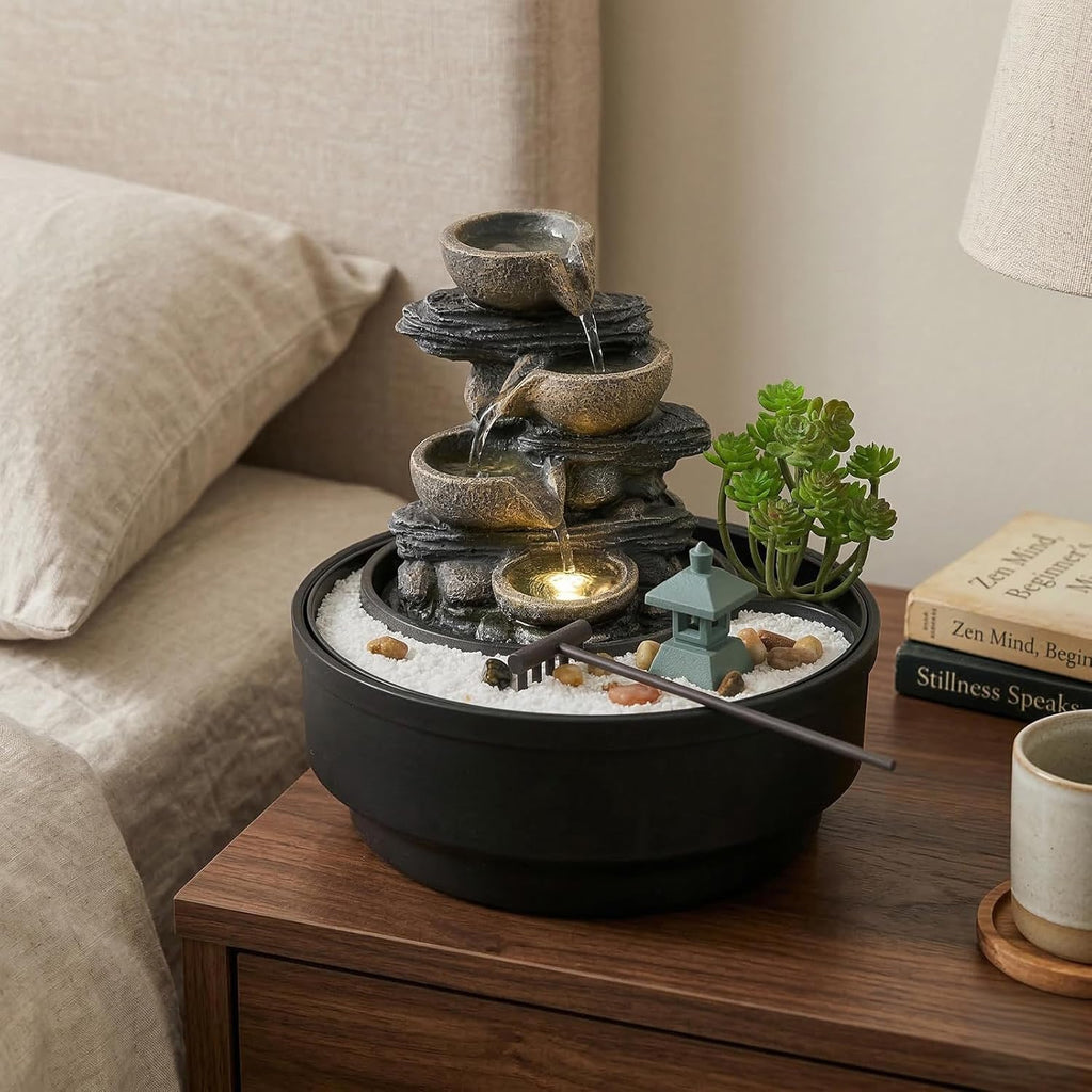 Natural Rocks Tabletop Water Fountain Indoor Water Fountains with 4-Tier Soothing Sound Desktop Waterfall with DIY