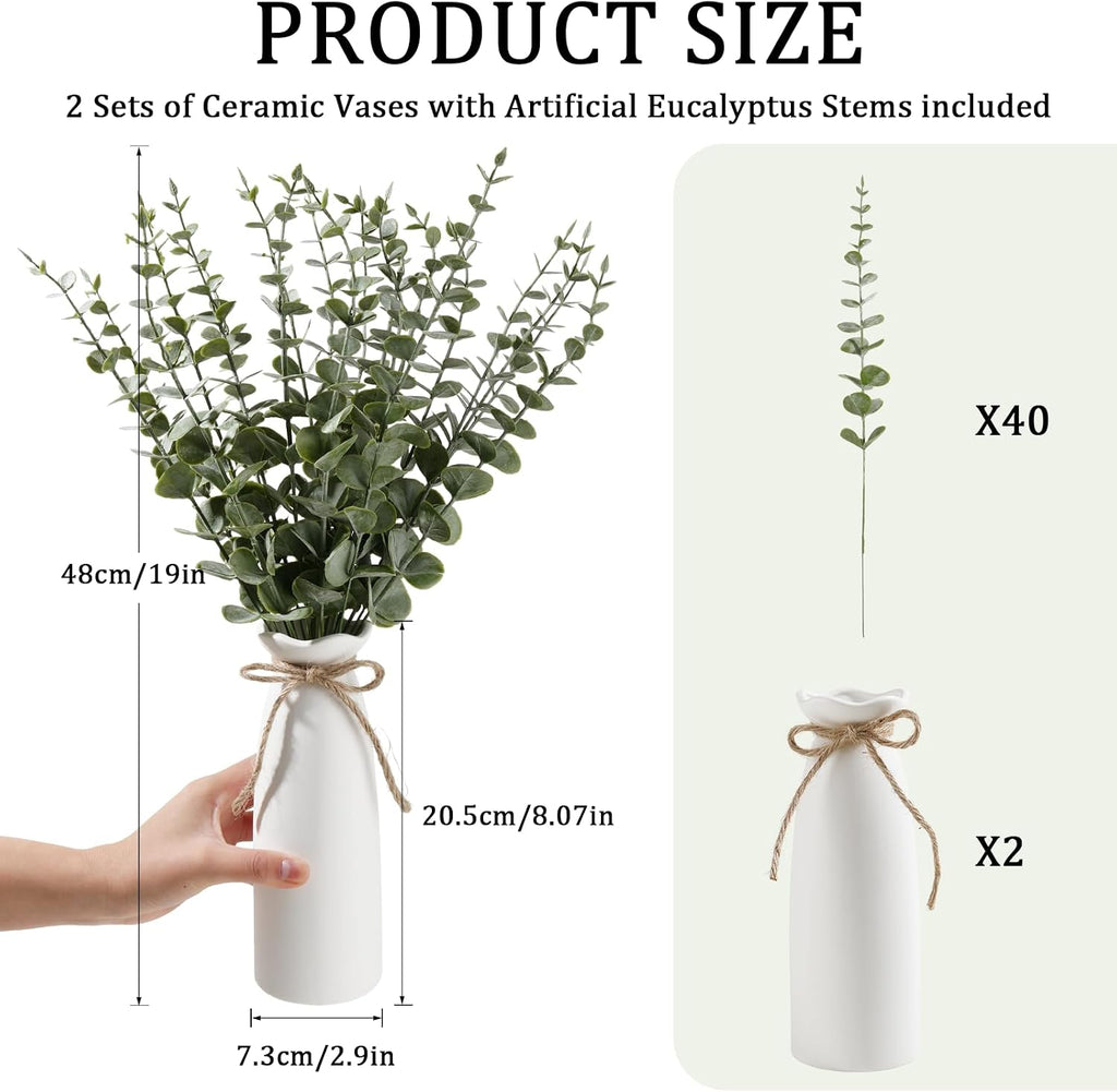 19" Fake Plants with Vase,40 Faux Eucalyptus Stems 2 White Ceramic Vases Realistic Artificial Plants indoor