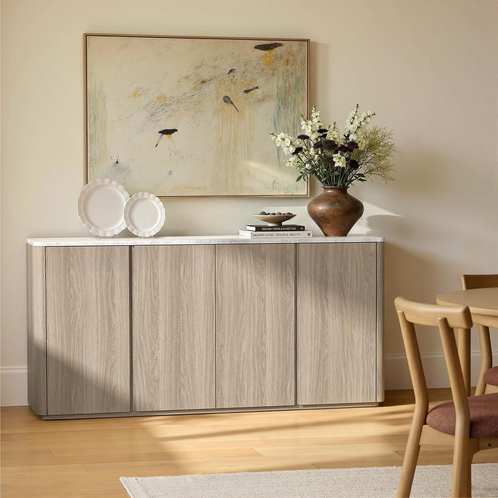 67" Sideboard Buffet Cabinet with Faux Travertine Texture, Storage Credenza with 4 Doors & Adjustable Shelves