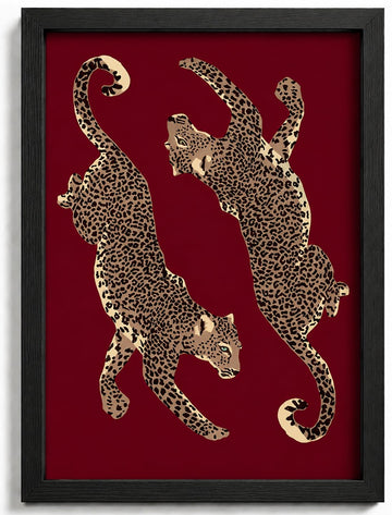 Framed Burgundy Leopard Canvas Wall Art, Vintage Panther Print Wall Decor, Modern Animal Painting, Aesthetic Wild Cat