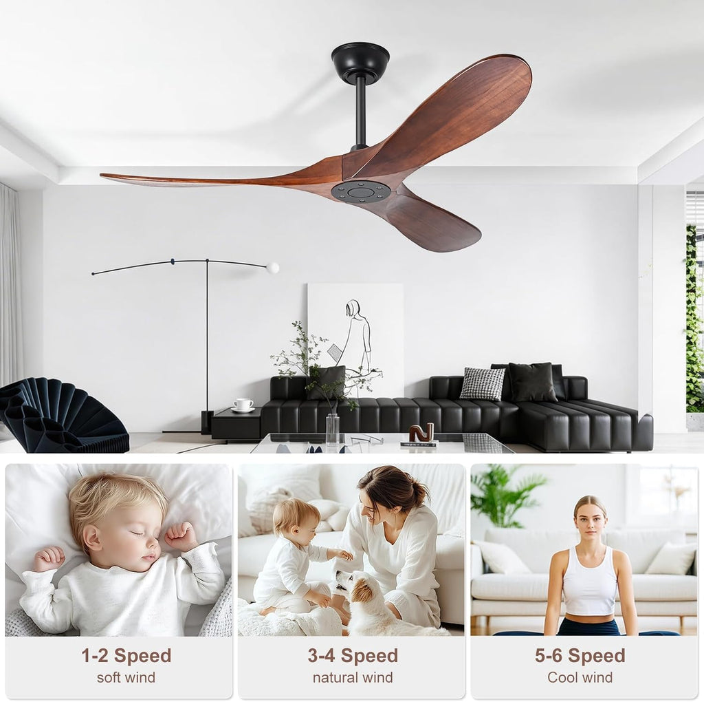 72 inch Ceiling Fan No Light，Indoor Outdoor 3 Blade Wood Ceiling Fans Without Lights for Patios Living Room Bedroom