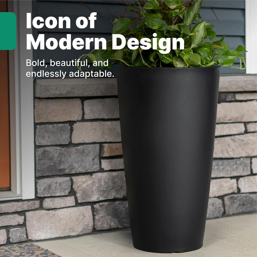 Tremont Tall Round Tapered Planter 2-Pack, 28 in Resin Planters, Self-Watering, Onyx Black