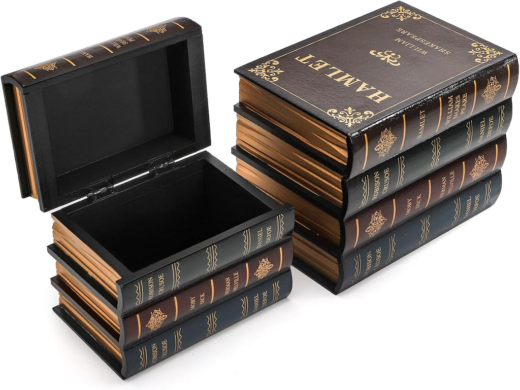 2 Pack Decorative Book Boxes Wooden Antique Bookshelf Decorations Vintage Book Storage Box - Hamlet