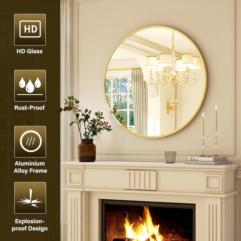30 Inch Round Mirror - Circle Mirrors Wall Decor, Modern Hanging Vanity Mirror, Matte Gold Circle Decorative Wall Mirror