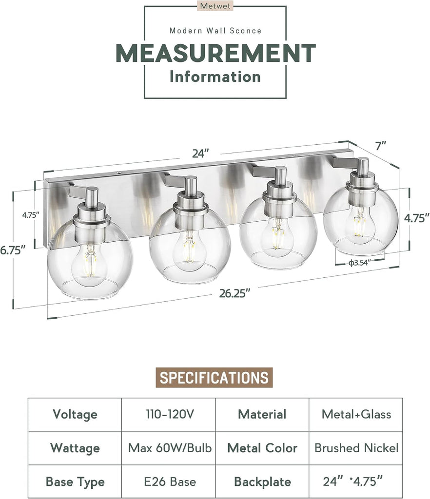 4-Light Brushed Nickel Bathroom Vanity Light, Clear Glass Globes | 26" modern bathroom light fixtures over mirror
