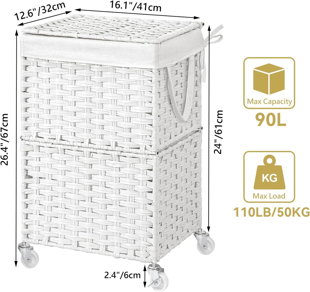 Wicker Laundry Basket with Wheels,Rolling Laundry Hamper with Lid | 90L Slim Clothes Hamper with Wheels & Removable