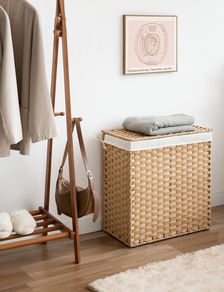 110L Wicker Laundry Hamper with Lid, 2 Section Wicker Laundry Basket, Large Basket for Dirty Clothes, Hamper with