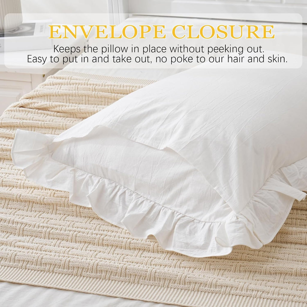 Vintage Off White Ruffle Euro Shams Shabby Farmhouse Pillow Cover 100% Washed Cotton Pillowcases Set of 2-26"x26" White
