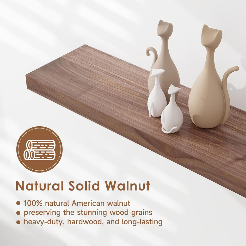 24 Inch Solid Walnut Wood Floating Shelves, 6.7in Deep Wall Shelves | Solid Black Walnut Wood, Natural Grain, Real