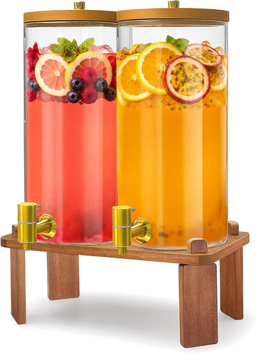 Drink Dispenser, 1.5 Gallon Each with Wood Stand, Juice Lemonade Dispenser with Stainless Steel Spigots, Drink - Set of 2