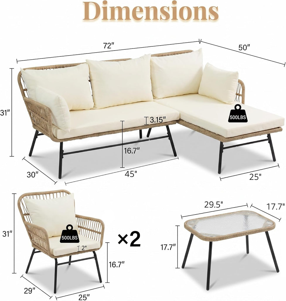 6 Pcs Boho Outdoor Patio Furniture Set, High Back L-Shaped Outdoor Couch with Ice Bucket Table