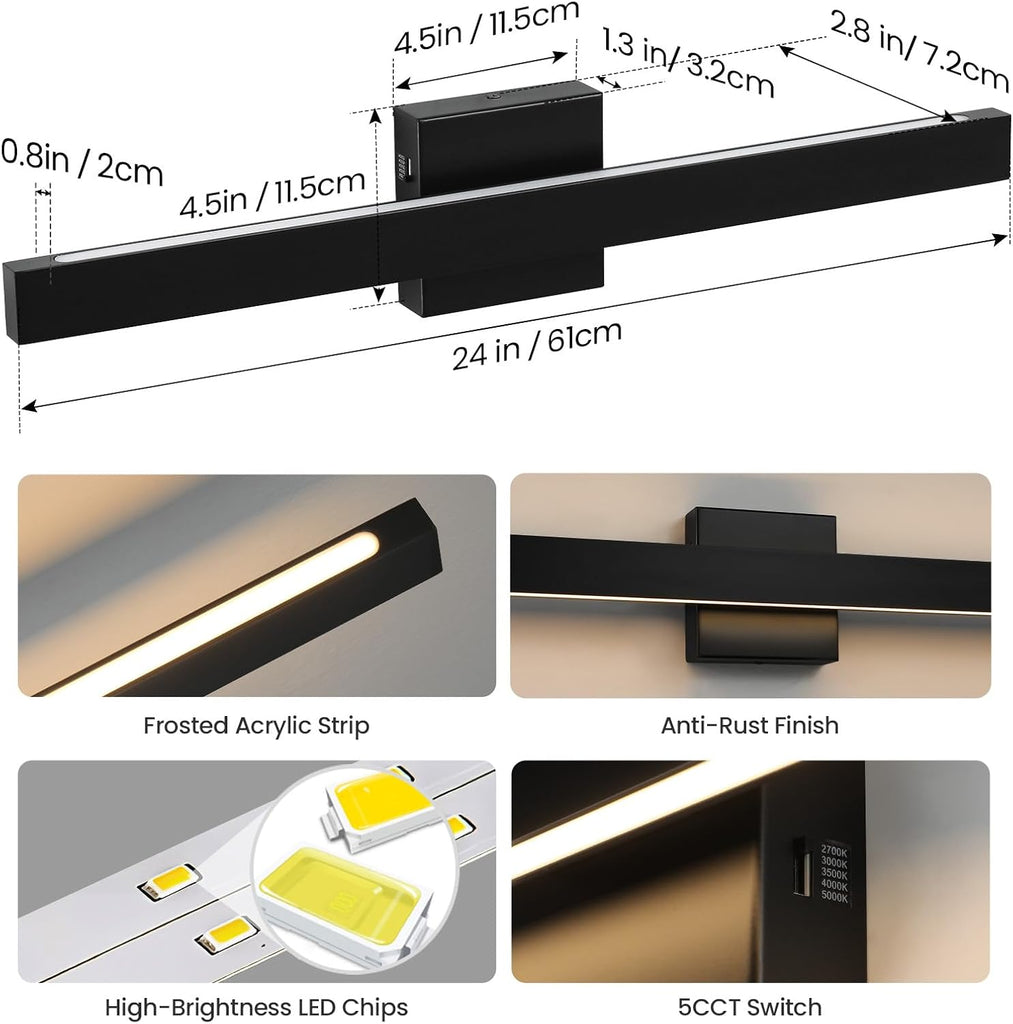 Modern Bathroom Vanity Light 24 Inch Black Bathroom Lighting Fixtures Over Mirror 20W 5CCT Dimmable LED Vanity Lights