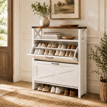 Farmhouse Shoe Cabinet with 2 Flip Drawers, Slim Entryway Shoe Storage Organizer with Open Shelf, Freestanding Wood