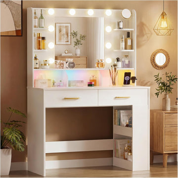 Vanity Desk with LED Lights Mirror & Charging Station, Makeup Vanity with Storage Drawers and Shelves, Modern