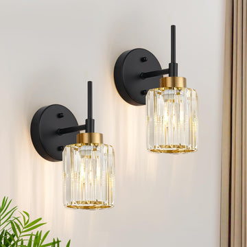 Bathroom Wall Sconces Set of 2, Black & Gold Wall Lights with Clear K9 Crystal Shades, Bathroom Light Fixtures
