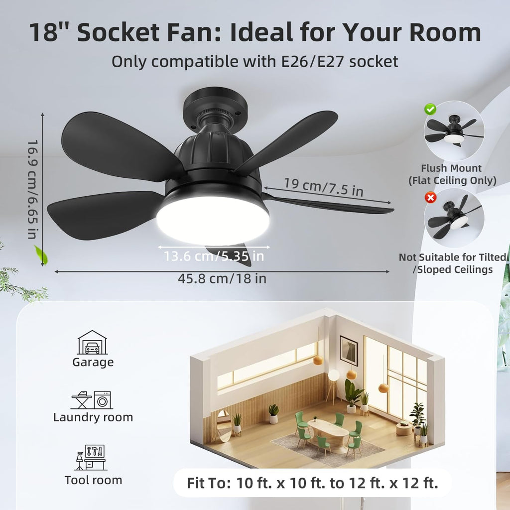Socket Fan Light with Remote: 18'' Small Ceiling Fans with Lights, 2000 Lumens Dimmable Led Bulb, 3 Colors 3000K-6500K, Easy Install Screw in E26 Base for Bedroom Living Room Kitchen Garage
