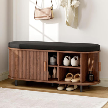 43" Shoe Bench with Storage, Fluted Shoe Storage Bench with Cushion, Sliding Door and Adjustable Shelf, , Walnut